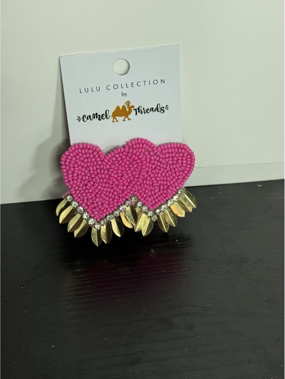 New Camel Threads Hot Pink Beaded Heart Earrings